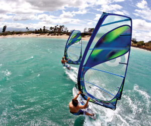 To mennesker windsurfer på et turkisblåt hav nær en sandstrand med palmer. Himlen er delvist overskyet, og windsurferne er iført blå shorts, der hver holder fast i et blåt og grønt sejl.