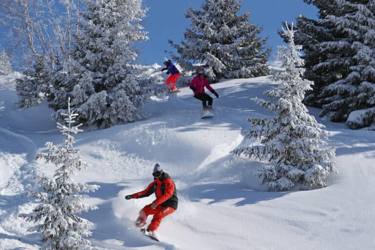 Tre mennesker snowboarder ned ad en sneklædt skråning omgivet af frostede stedsegrønne træer. Himlen er klar og blå. Hver snowboarder er iført farvestrålende vinterudstyr, hvilket skaber en levende kontrast mod den hvide sne.