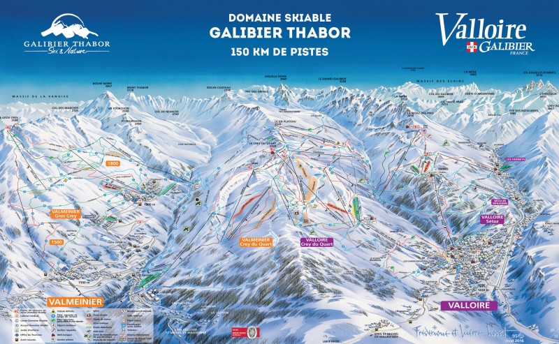 Et detaljeret illustreret kort over skiområdet Galibier Thabor i Frankrig, perfekt til at planlægge din skiferie i Valloire, der viser skilifte, pister, bjergtoppe og placeringen af Valmeinier og Valloire med farverige løjperuter.