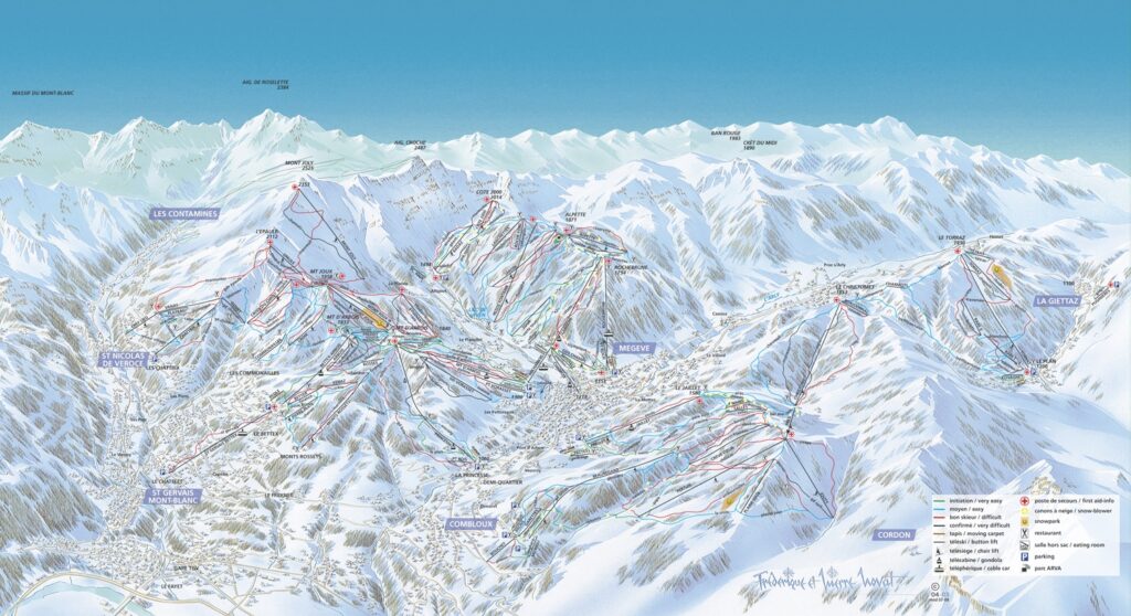Illustreret kort over skisportssteder med flere bjergtoppe, skilifte og farvekodede pister i et snedækket landskab - perfekt til at planlægge din skiferie i Les Contamines - med markerede landsbyer, liftstationer og en legende, der angiver sværhedsgraden.
